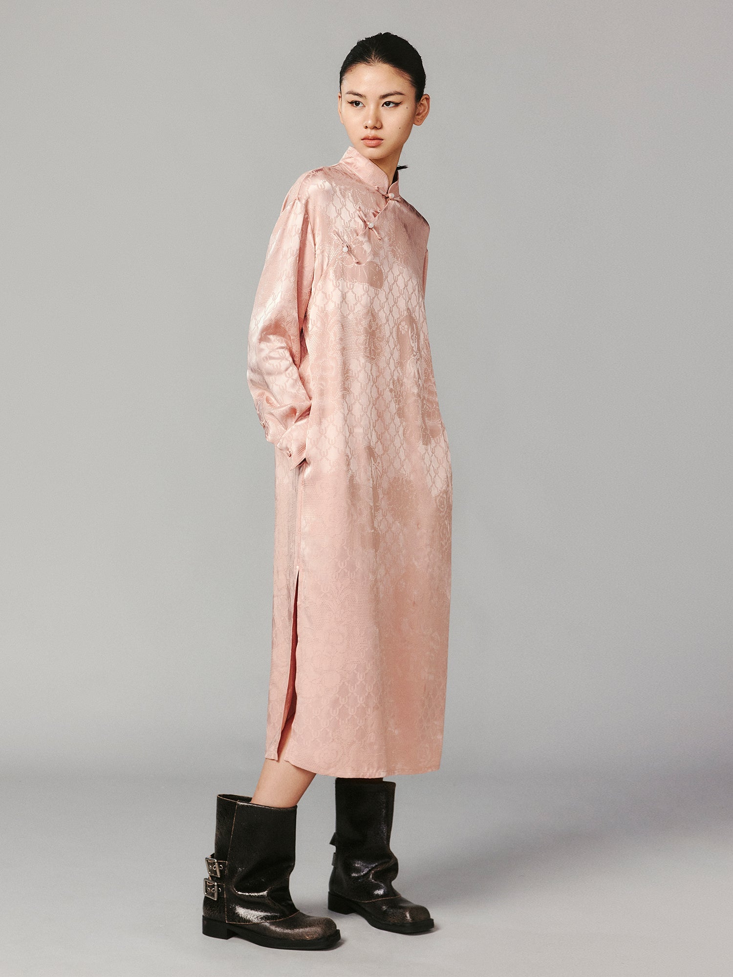 Vintage anime girl satin jacquard asymmetrical placket mandarin collar dress