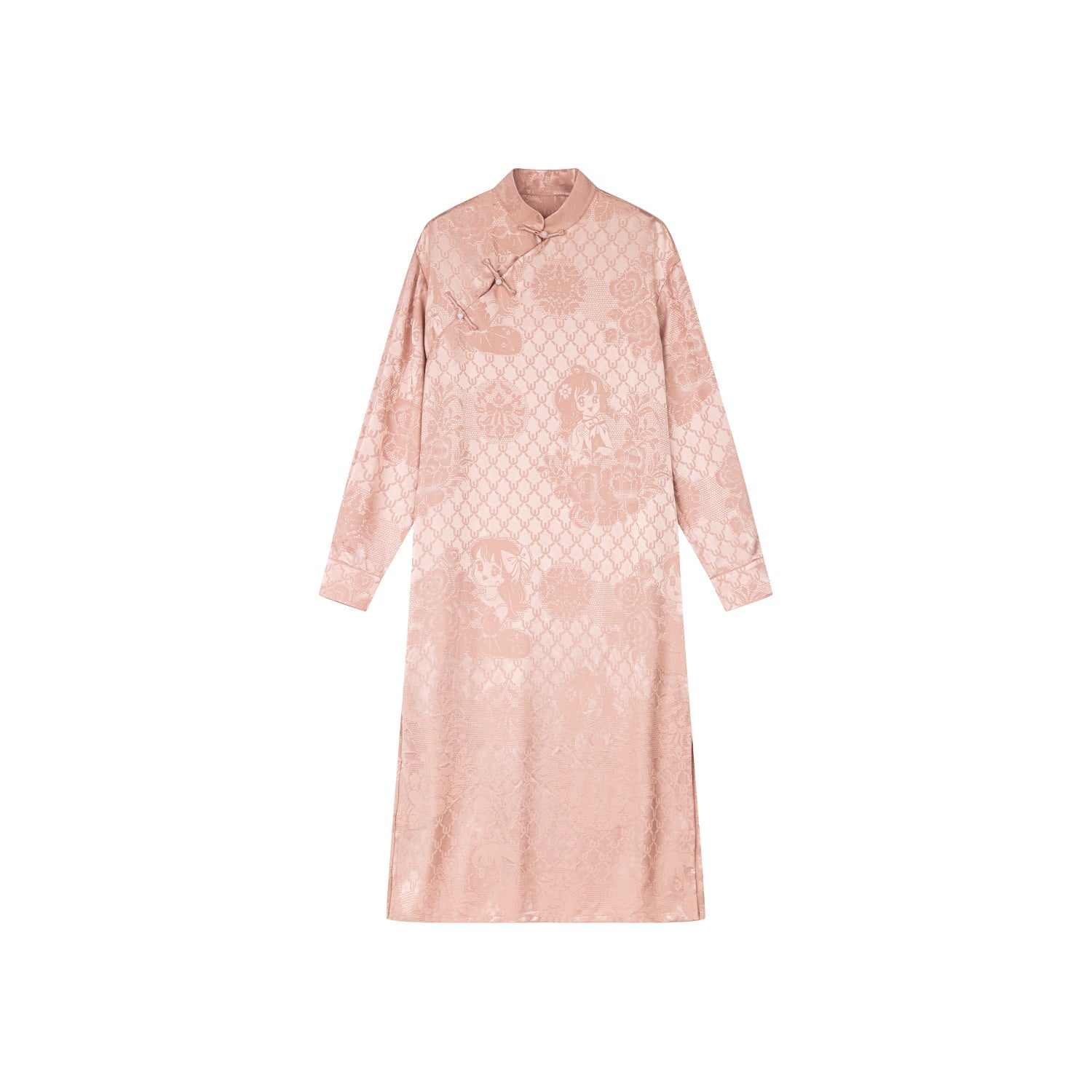 Vintage anime girl satin jacquard asymmetrical placket mandarin collar dress