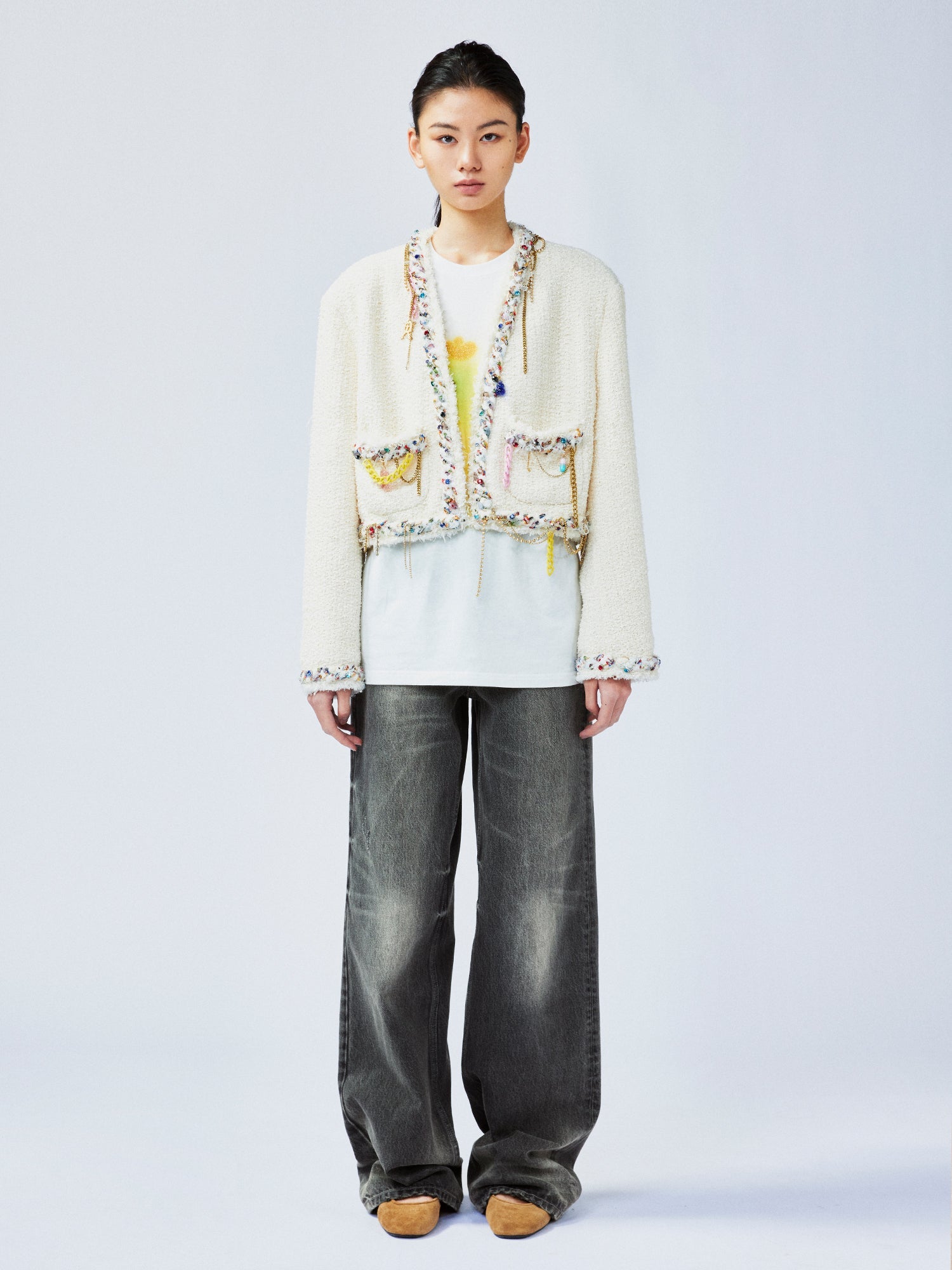 Playful and fun rhinestone chain cropped Chanel-inspired jacket