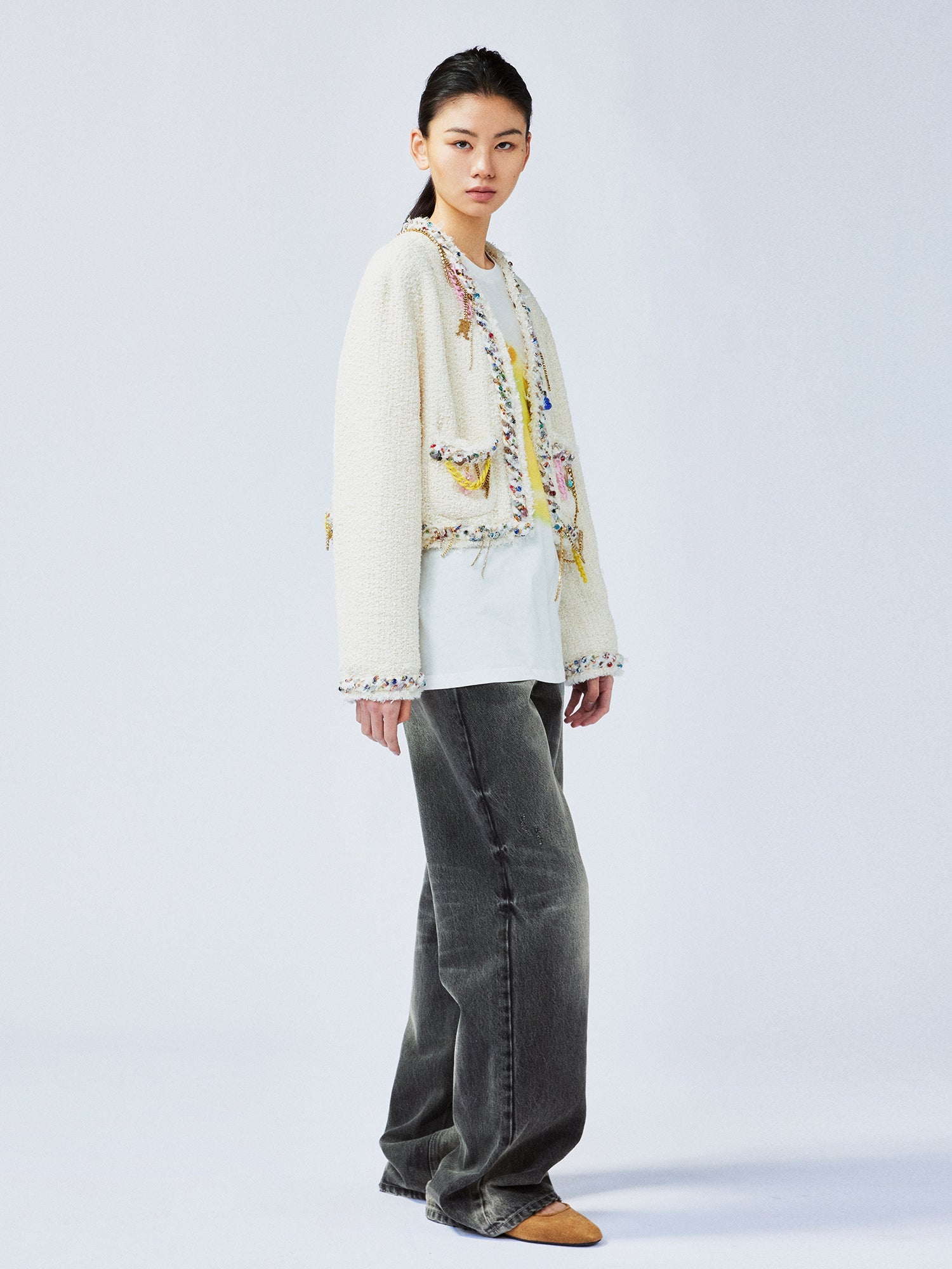 Playful and fun rhinestone chain cropped Chanel-inspired jacket