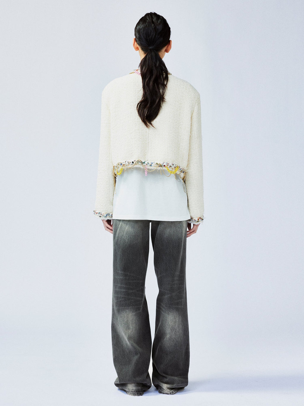 Playful and fun rhinestone chain cropped Chanel-inspired jacket