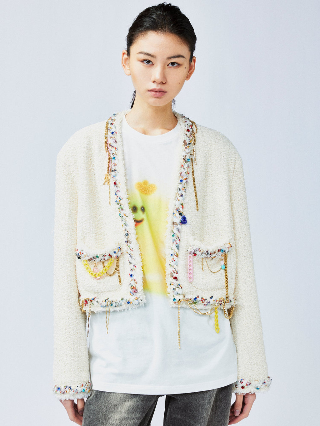 Playful and fun rhinestone chain cropped Chanel-inspired jacket