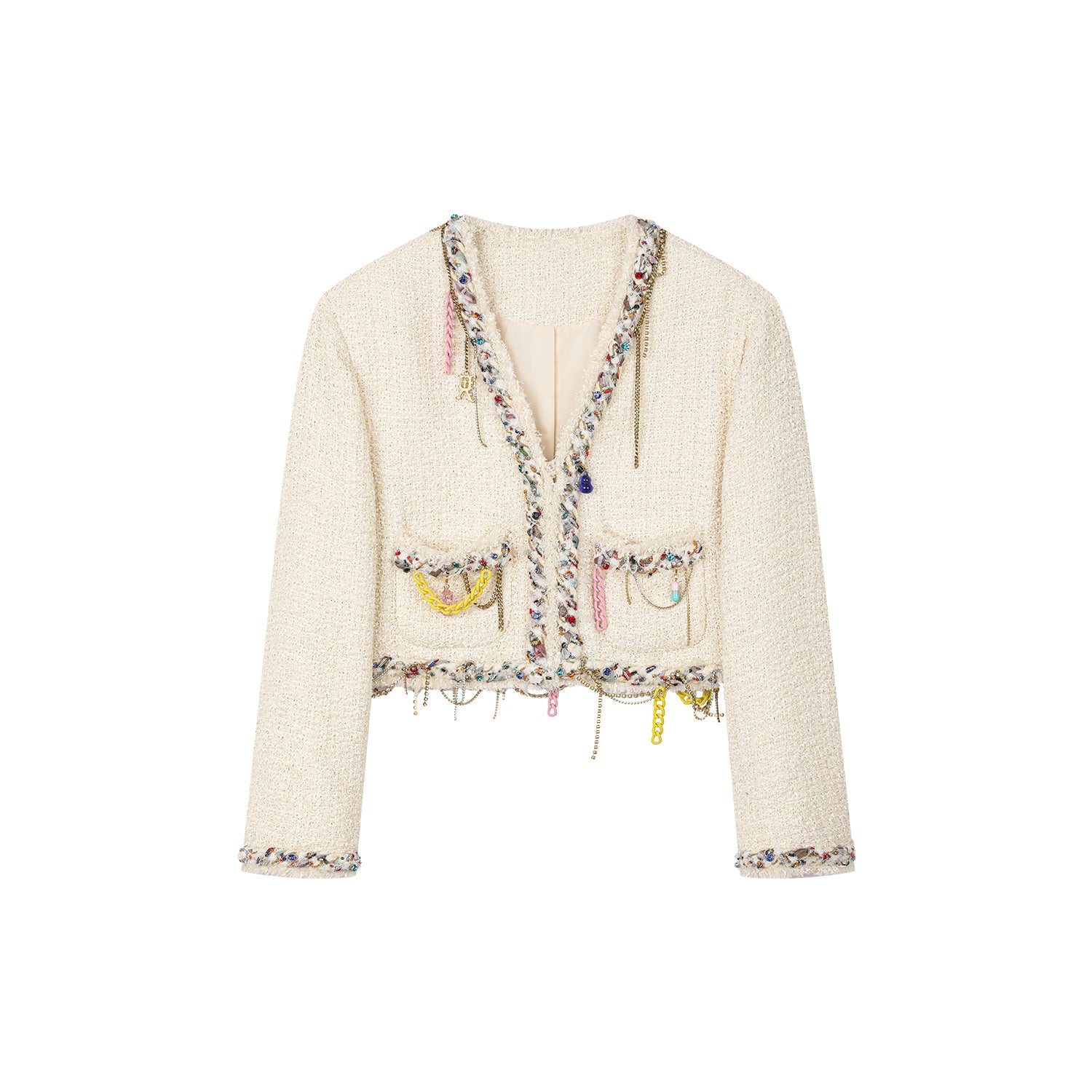 Playful and fun rhinestone chain cropped Chanel-inspired jacket
