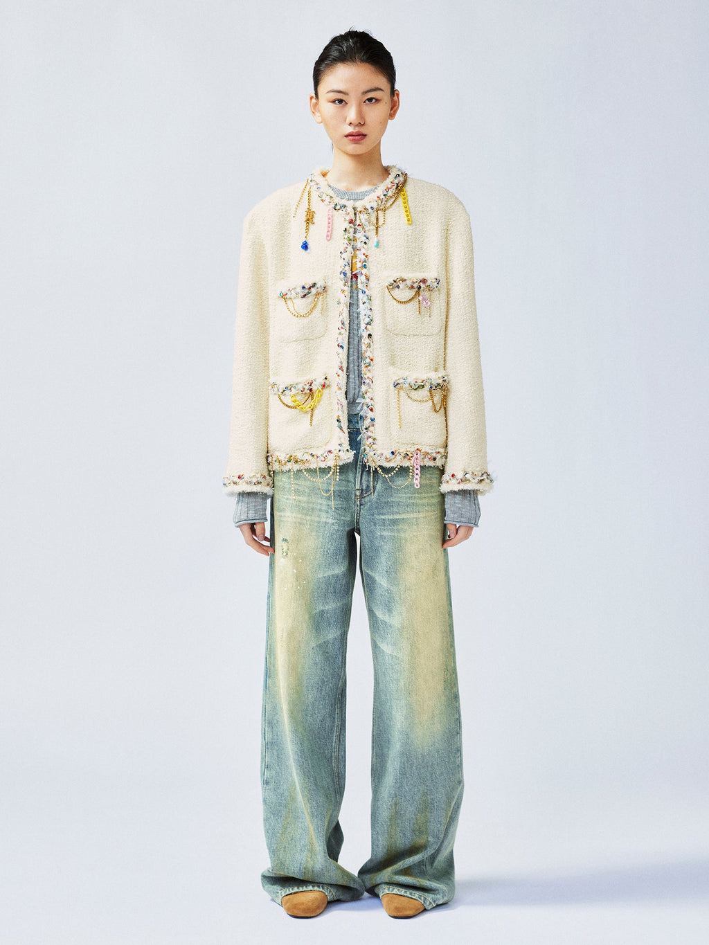 Playful and fun rhinestone chain Chanel-inspired jacket