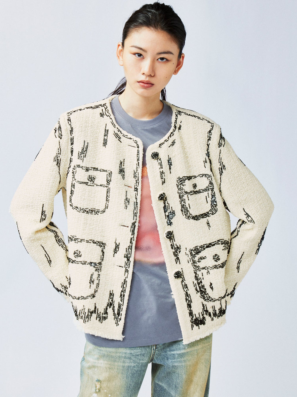 Hand-painted style beaded embellished Chanel-inspired jacket