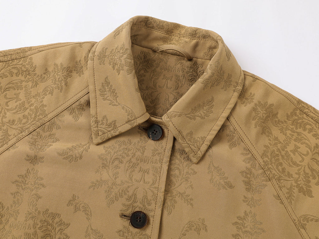 Nostalgia-evoking classic jacquard balmacaan coat