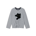 Playful cat scratching bedsheet striped T-shirt