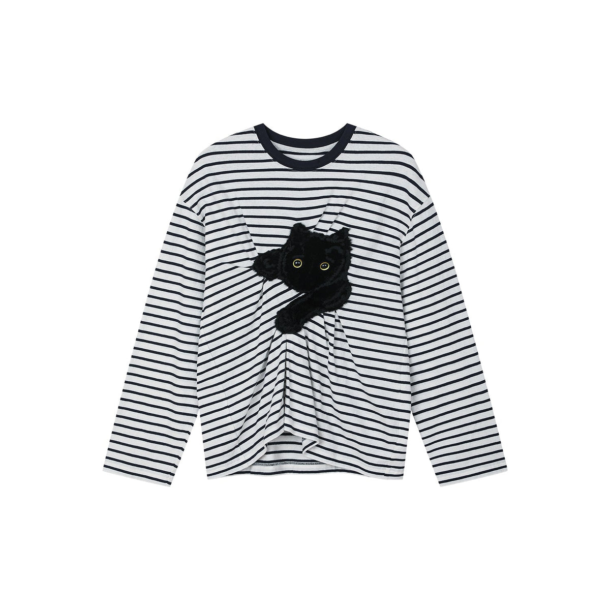 Playful cat scratching bedsheet striped T-shirt