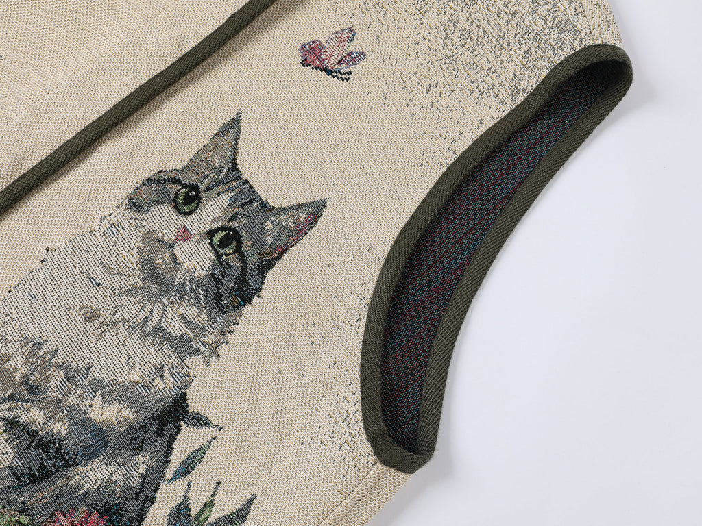 Charming and soothing garden cat pattern jacquard vest