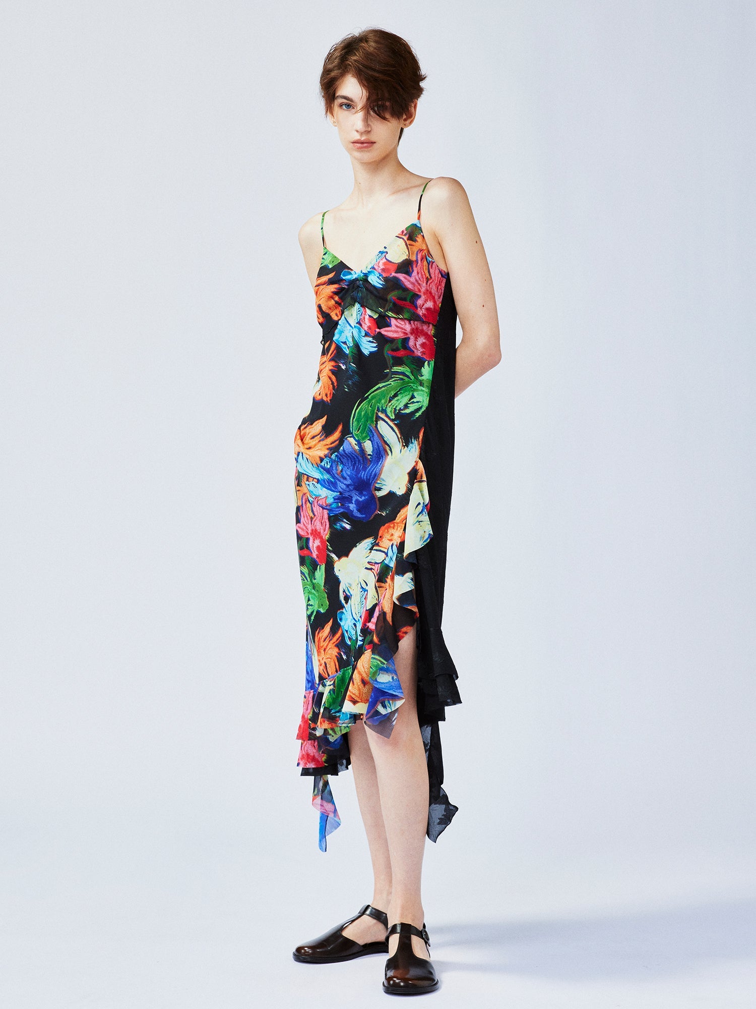 "Magical and enchanting" surreal electronic goldfish slip dress