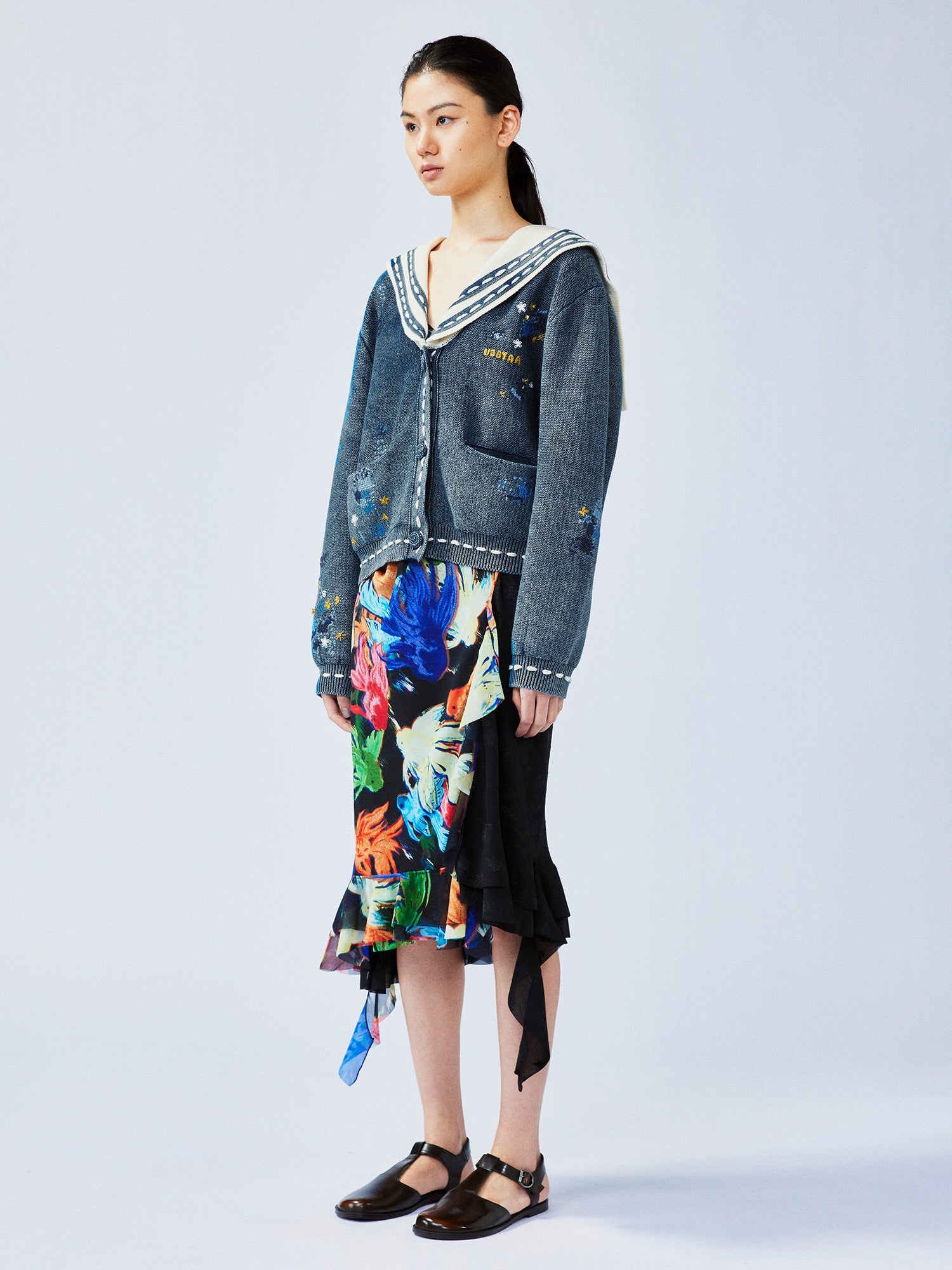 Floral patchwork distressed navy collar cardigan