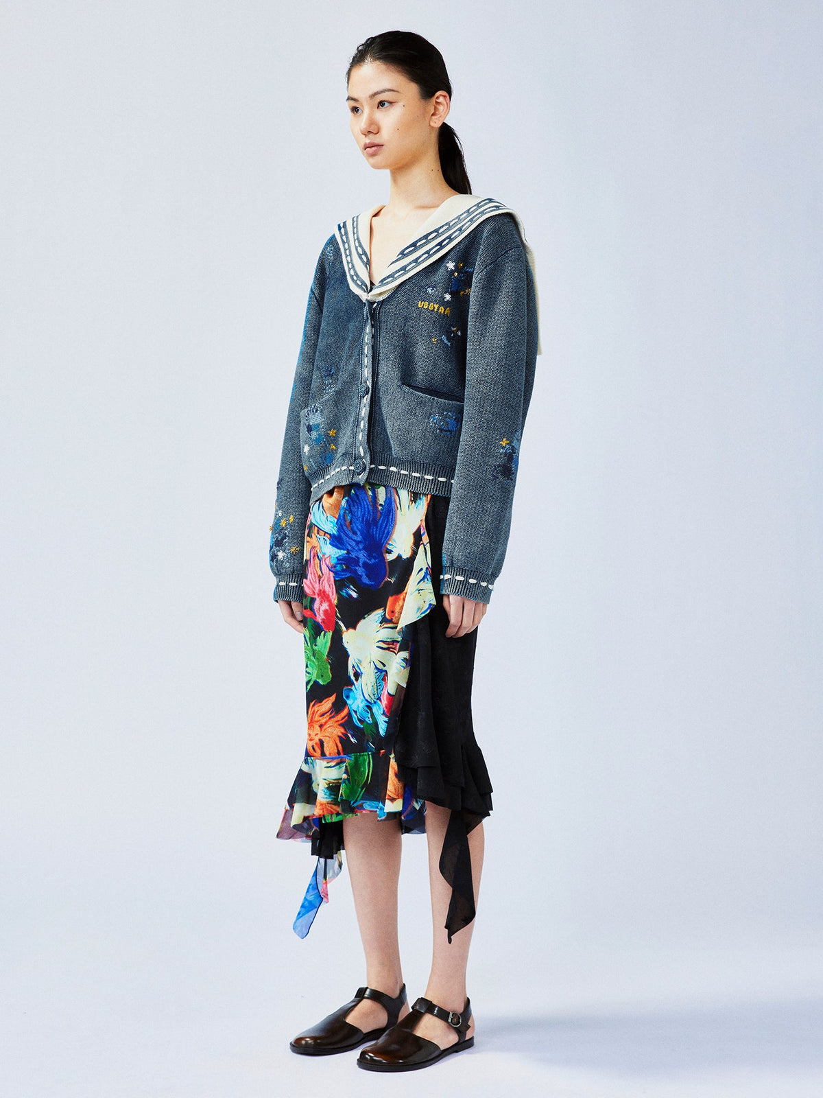Floral patchwork distressed navy collar cardigan