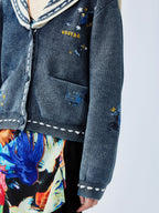 Floral patchwork distressed navy collar cardigan