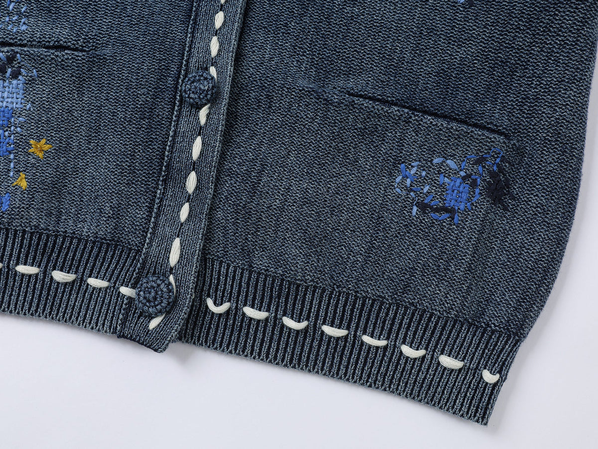 Floral patchwork distressed navy collar cardigan