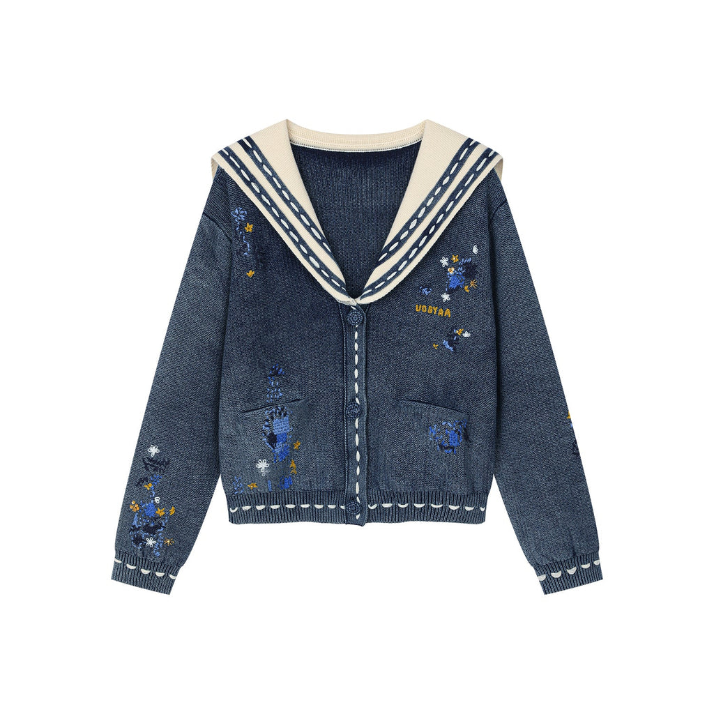 Floral patchwork distressed navy collar cardigan