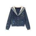 Floral patchwork distressed navy collar cardigan
