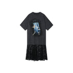 Playfully witty "UFO beaming cat" graphic T-shirt dress