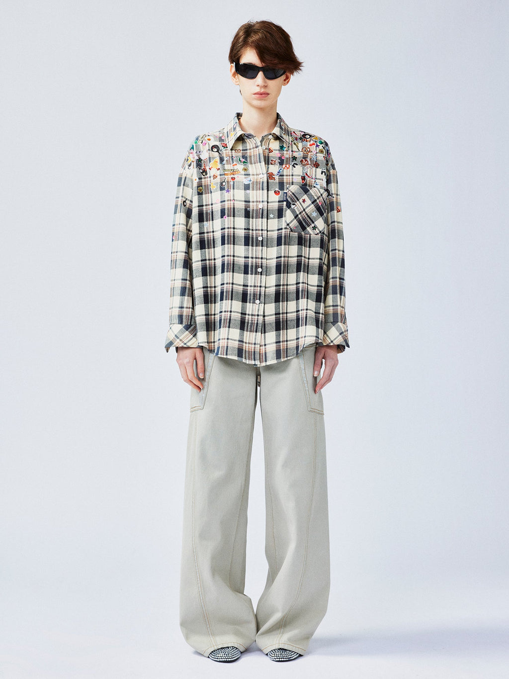 Playful sticker patch plaid shirt