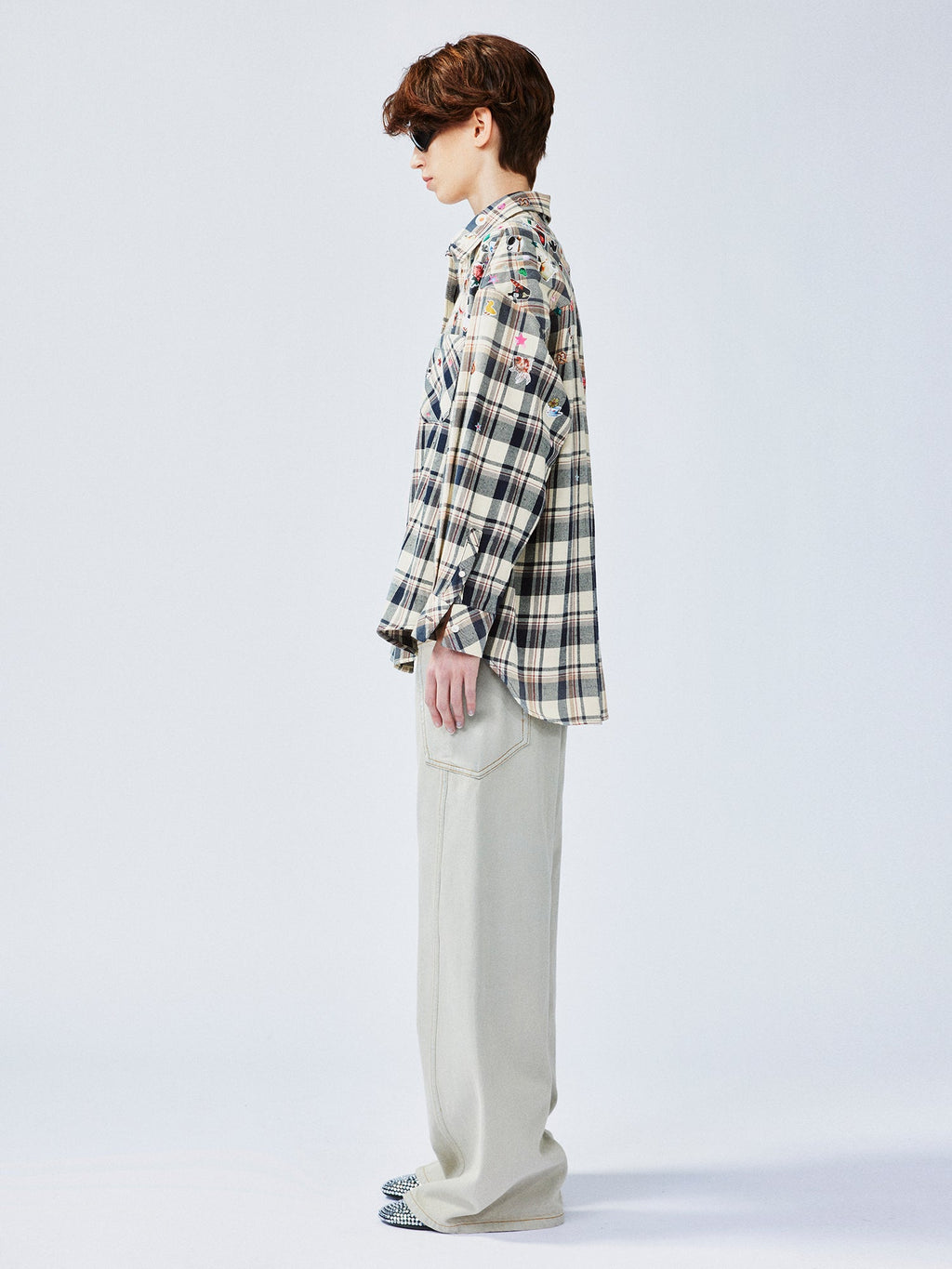 Playful sticker patch plaid shirt