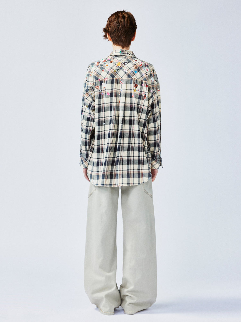 Playful sticker patch plaid shirt
