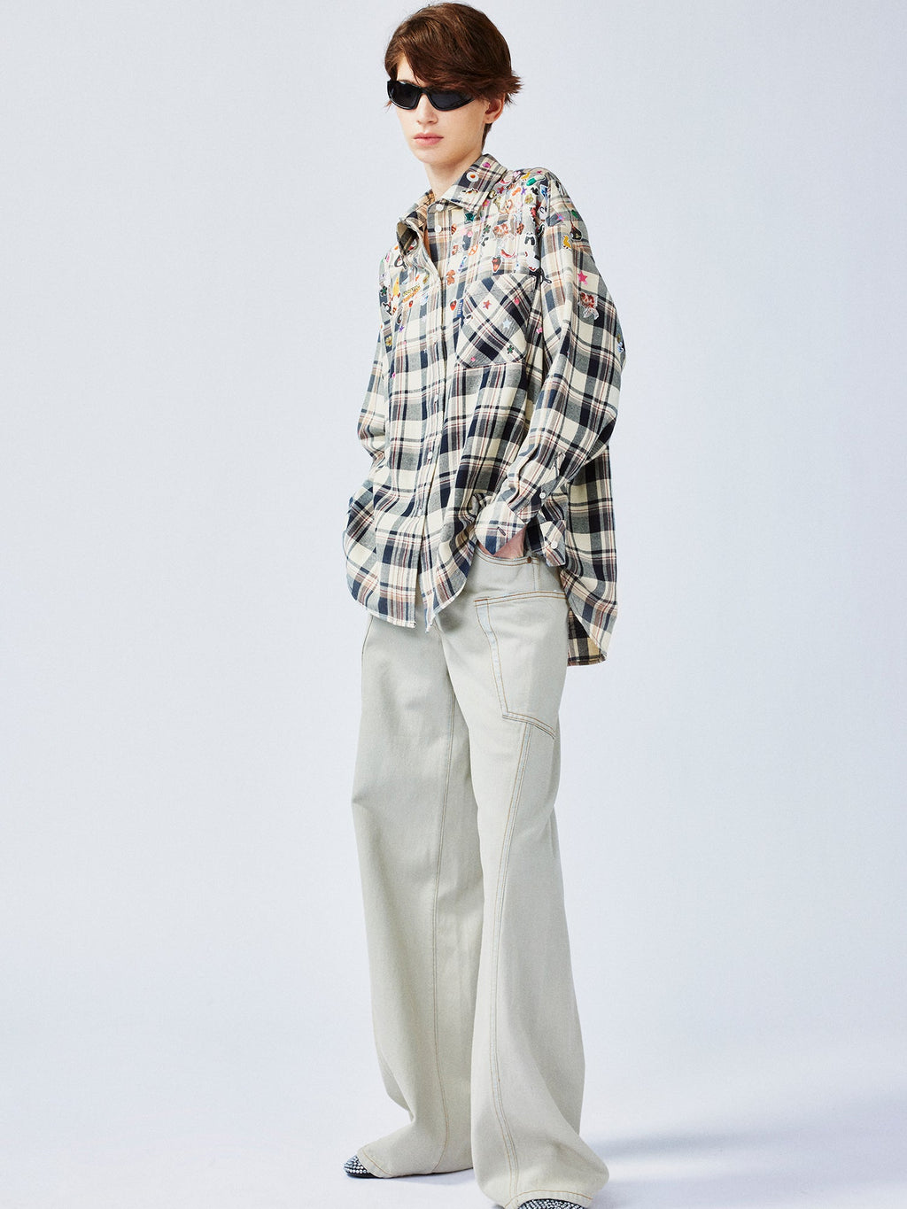 Playful sticker patch plaid shirt