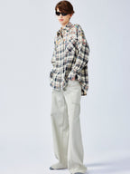 Playful sticker patch plaid shirt