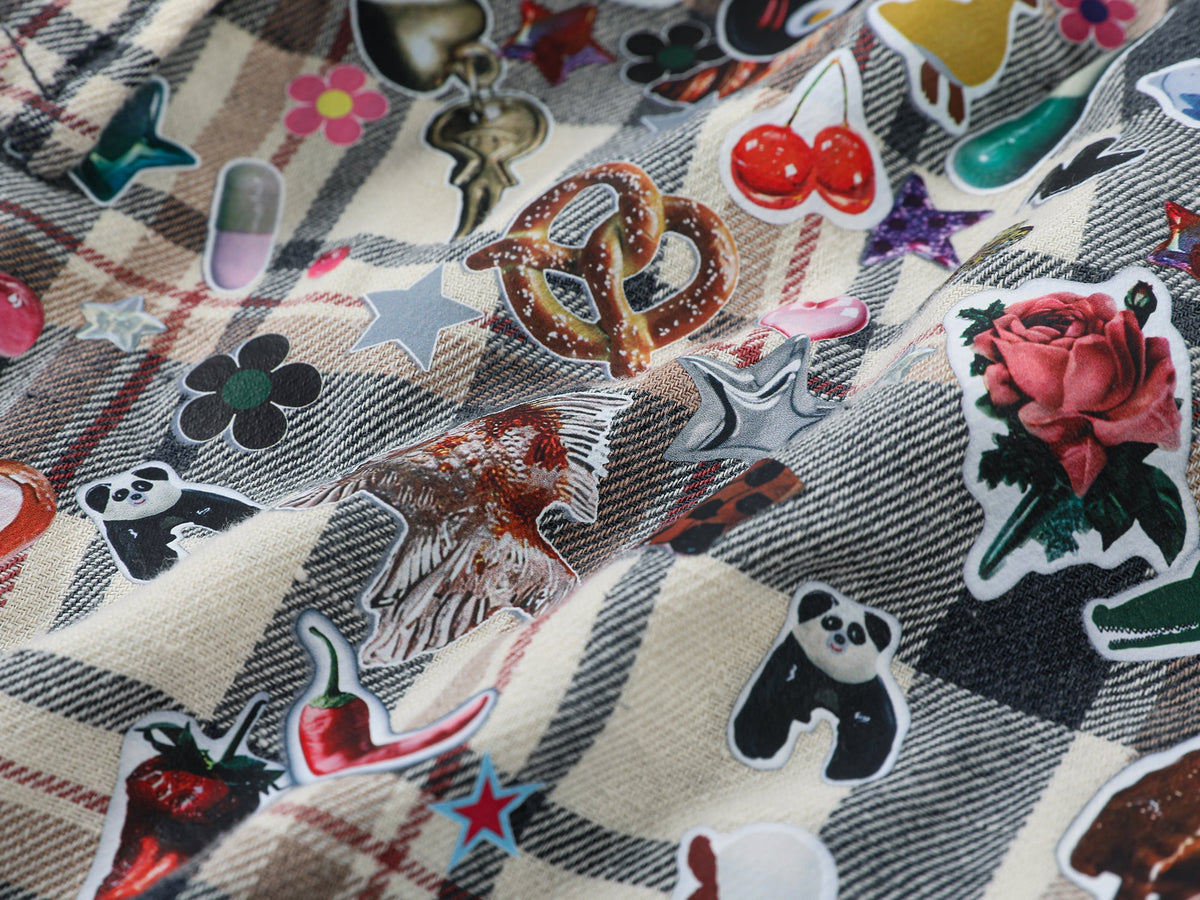 Playful sticker patch plaid shirt