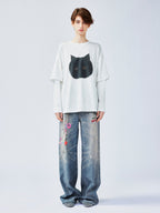 Chubby black cat faux two-piece T-shirt