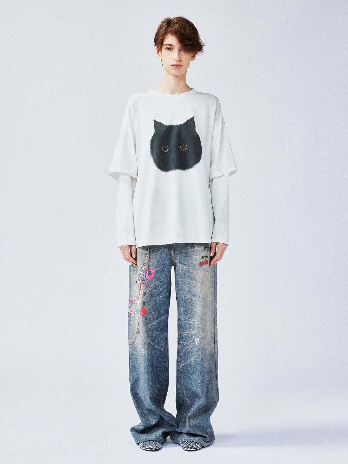 Chubby black cat faux two-piece T-shirt