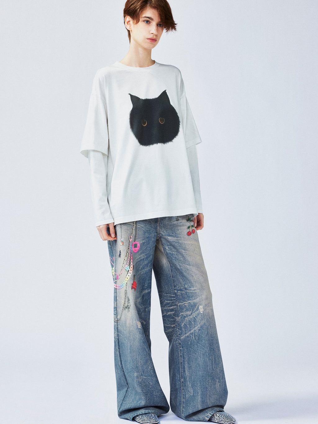 Chubby black cat faux two-piece T-shirt