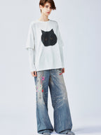 Chubby black cat faux two-piece T-shirt