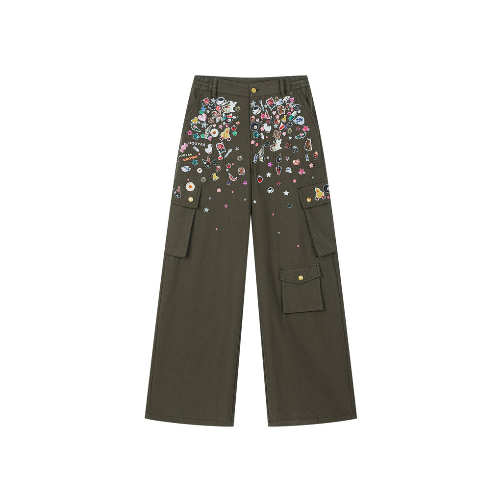 Playful sticker patch army green cargo pants