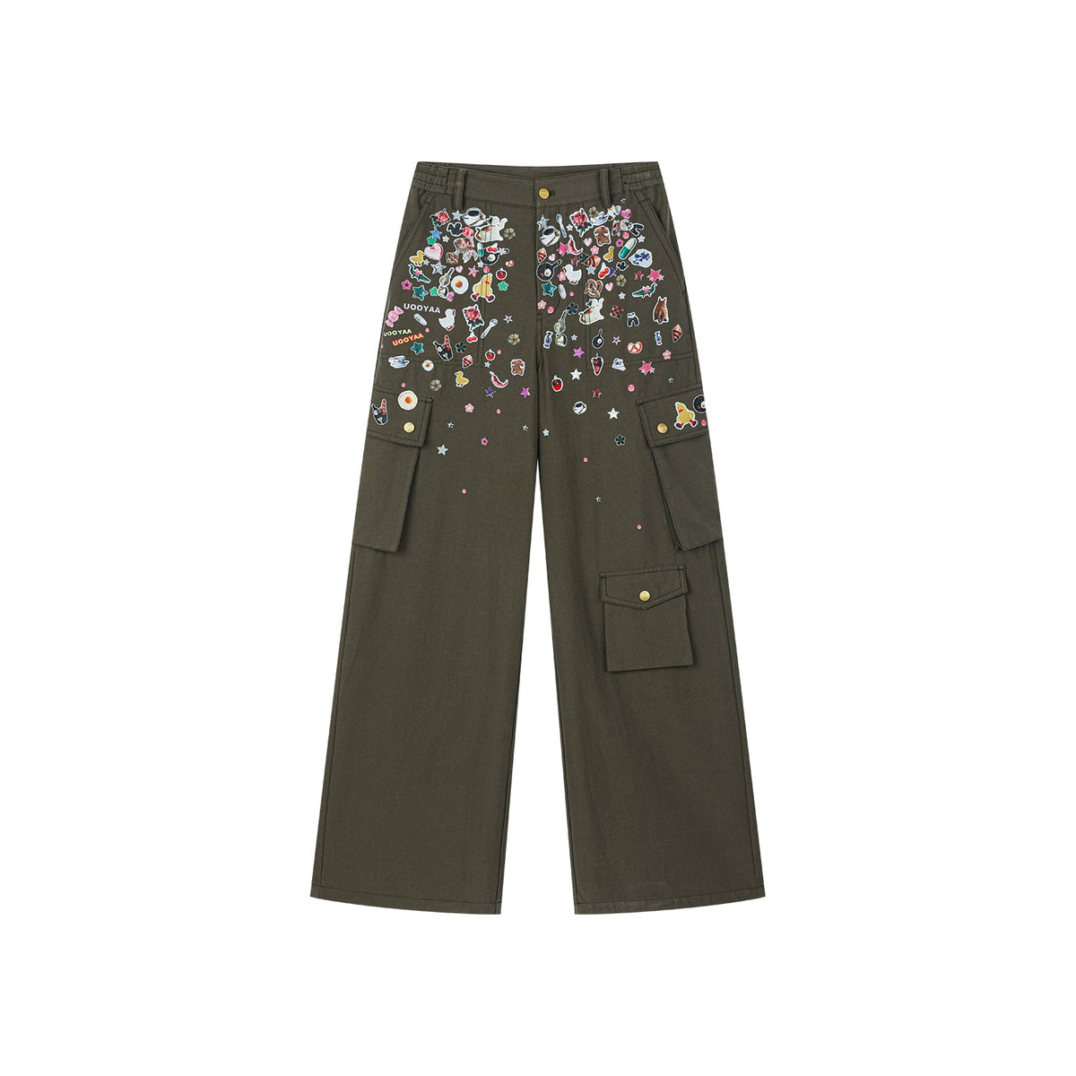 Playful sticker patch army green cargo pants