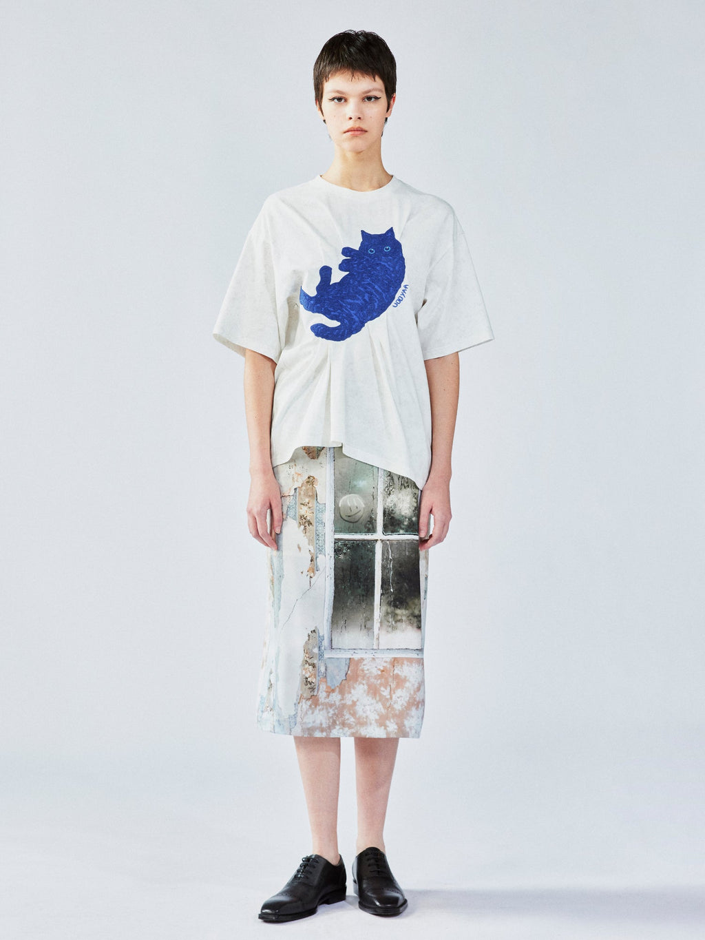 Satin window scene print slip skirt