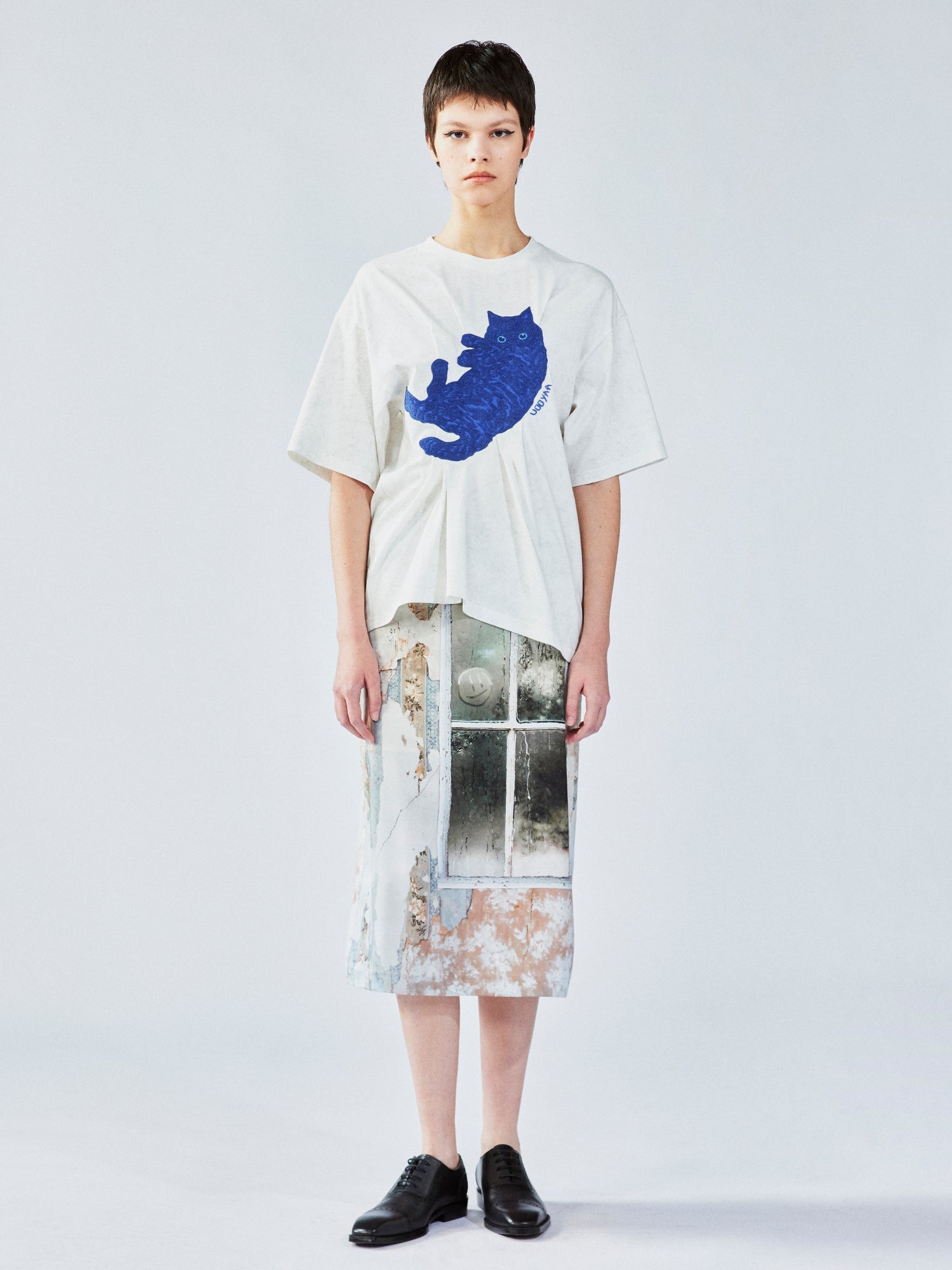 Satin window scene print slip skirt