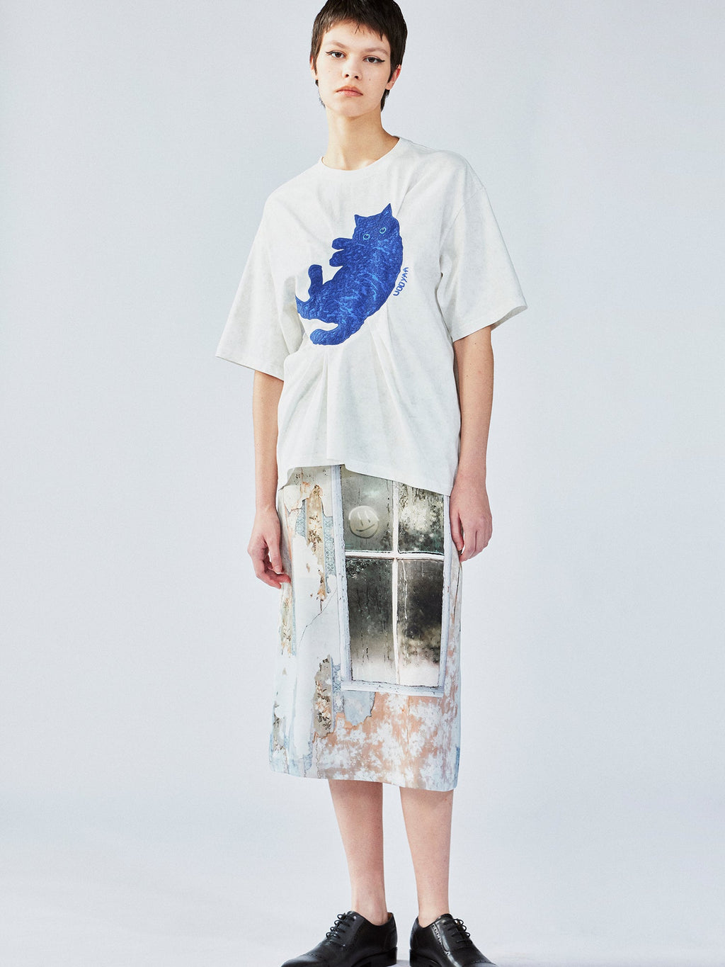 Satin window scene print slip skirt