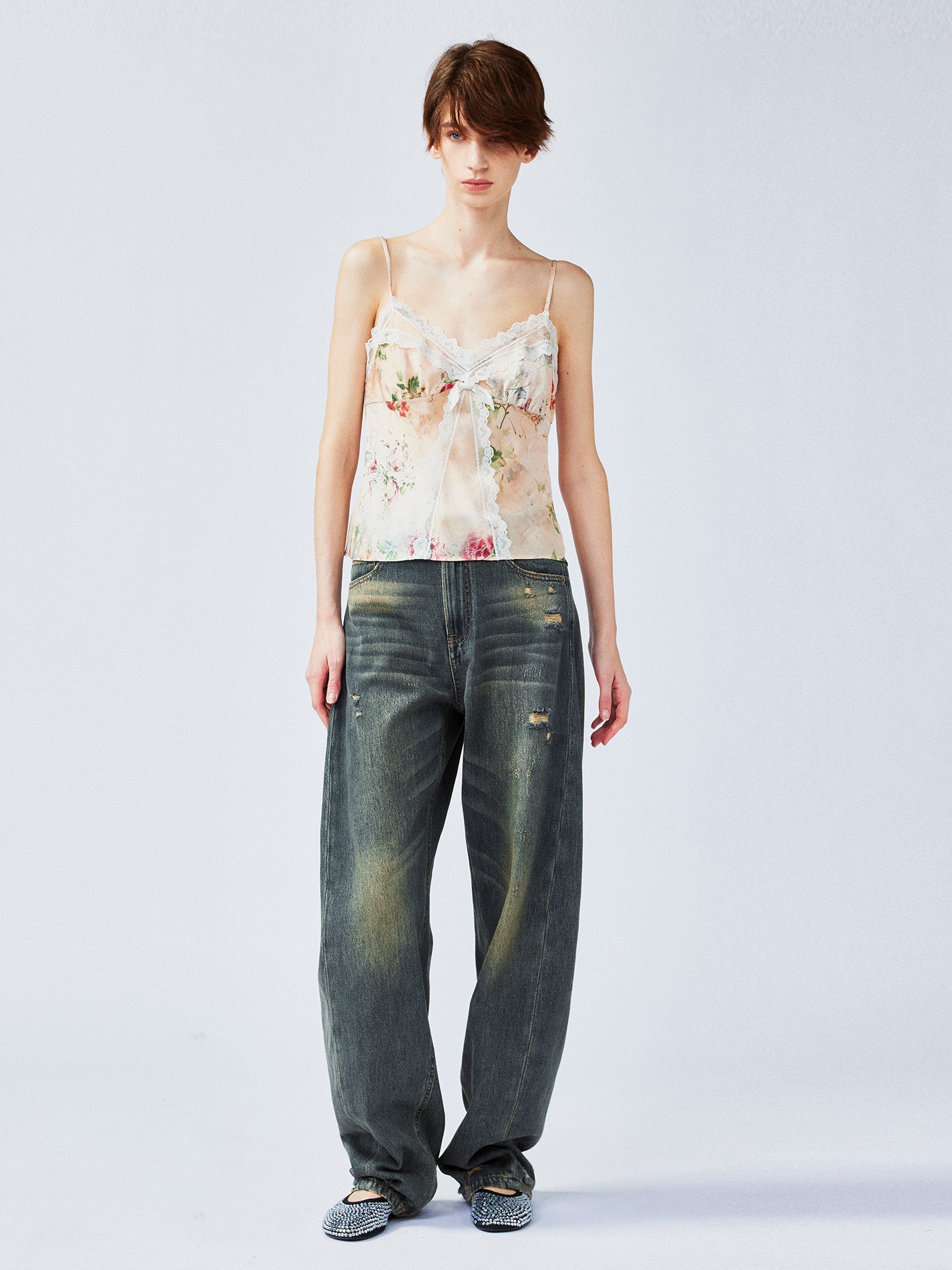 Vintage distressed wallpaper floral lace camisole