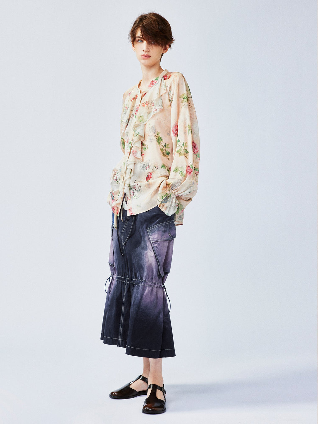Vintage distressed wallpaper floral ruffled tie shirt