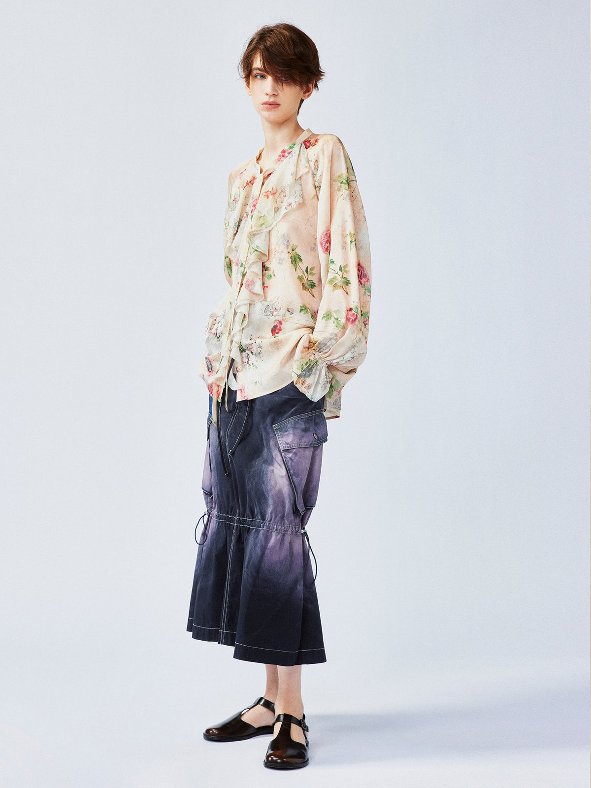Vintage distressed wallpaper floral ruffled tie shirt