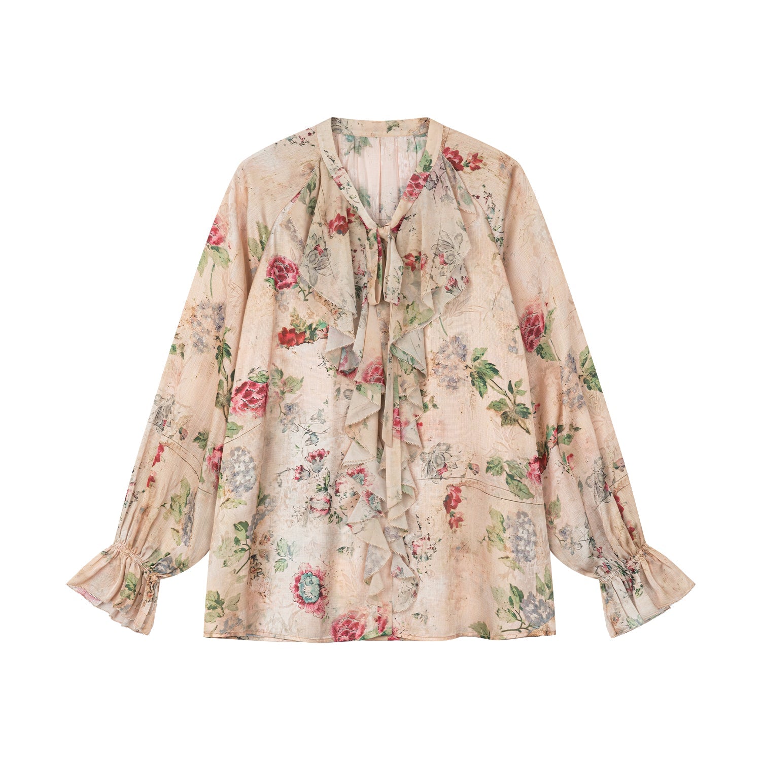 Vintage distressed wallpaper floral ruffled tie shirt