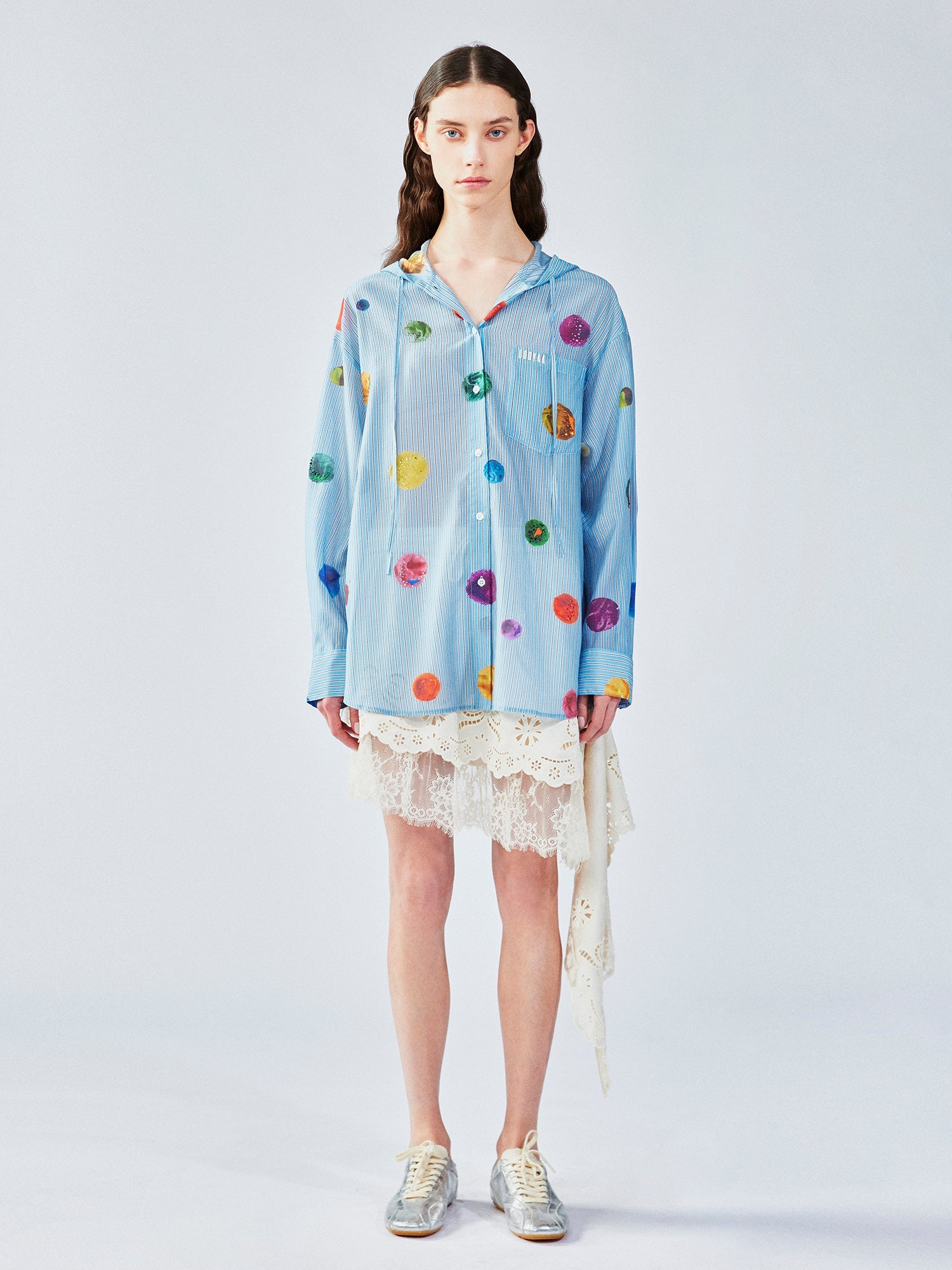 Painterly polka dot hooded shirt