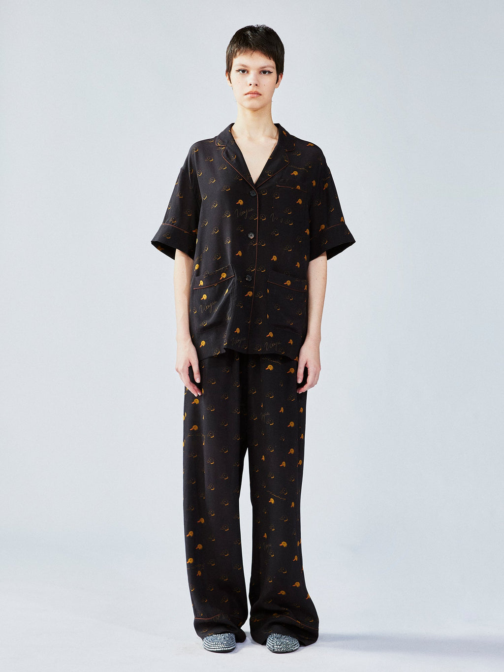 Silk hand-sketched yellow duck print pajama shirt