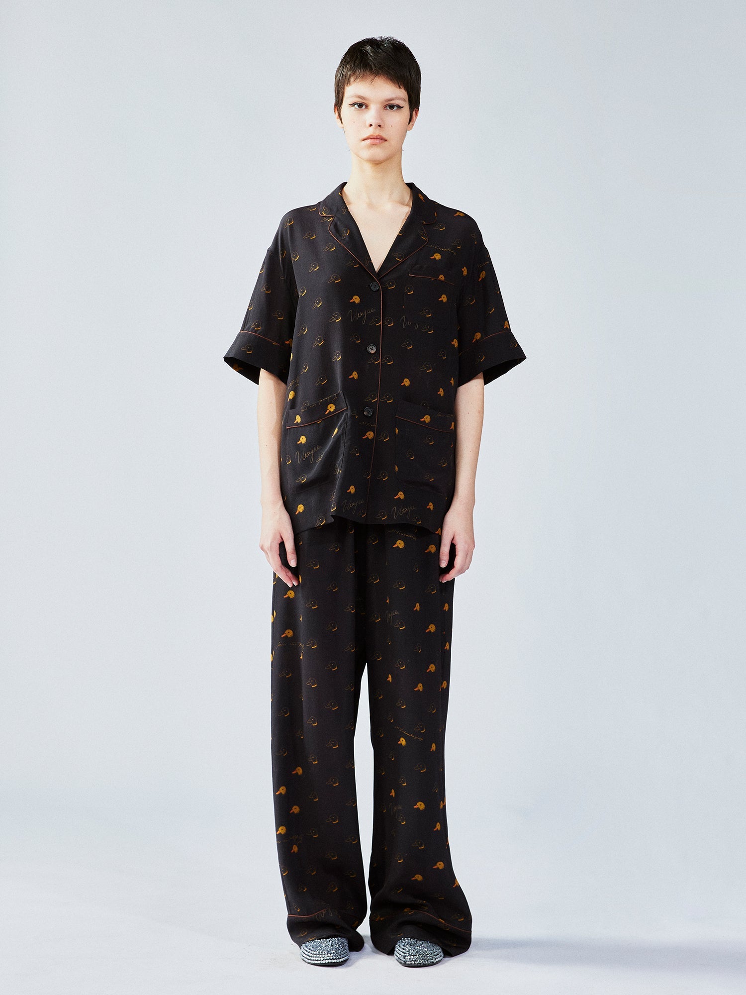 Silk hand-sketched yellow duck print pajama shirt