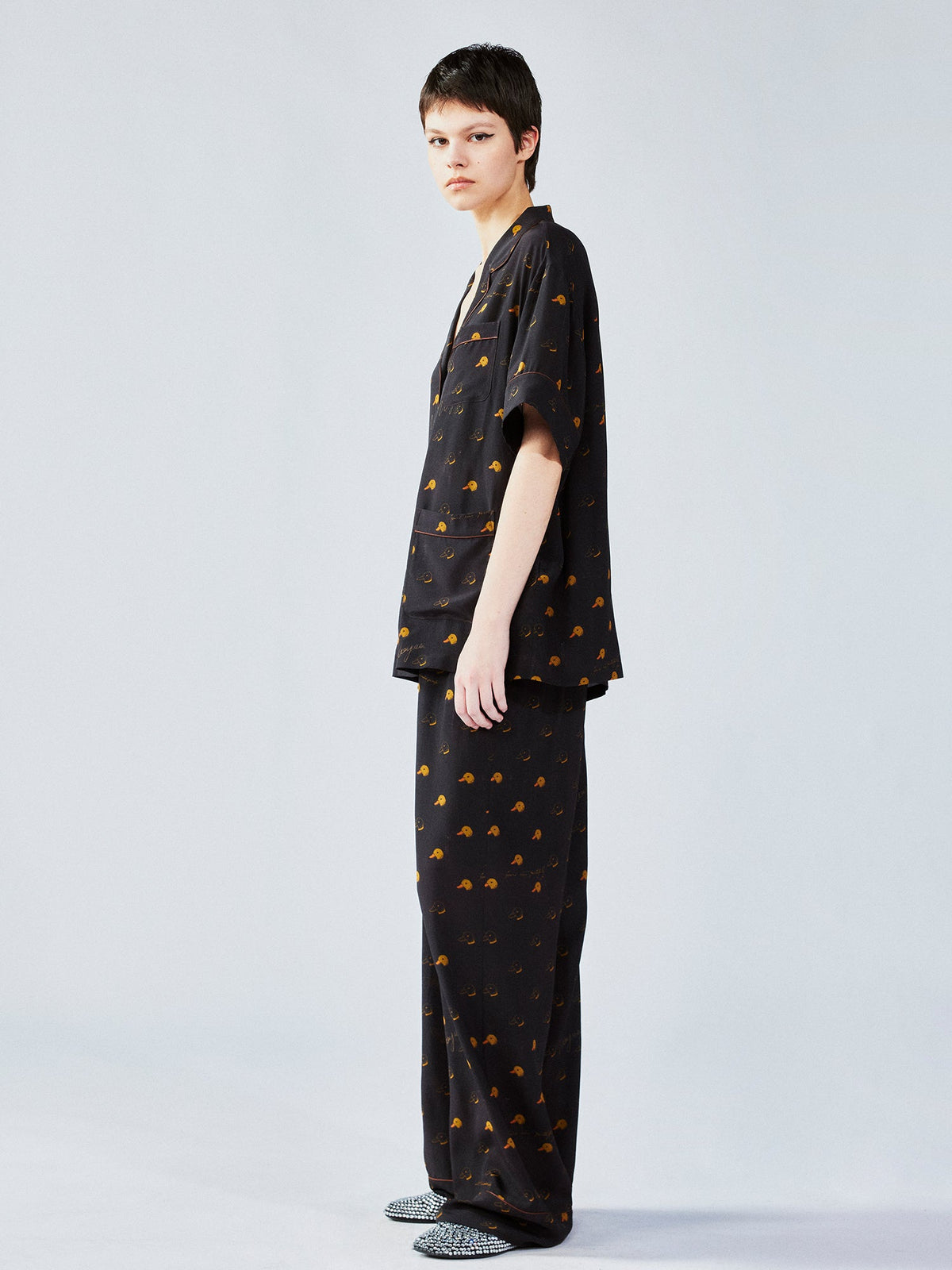 Silk hand-sketched yellow duck print pajama shirt