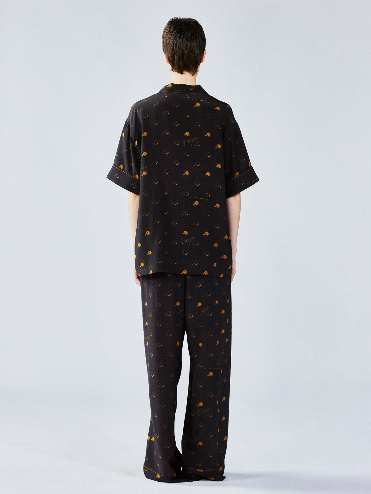 Silk hand-sketched yellow duck print pajama shirt