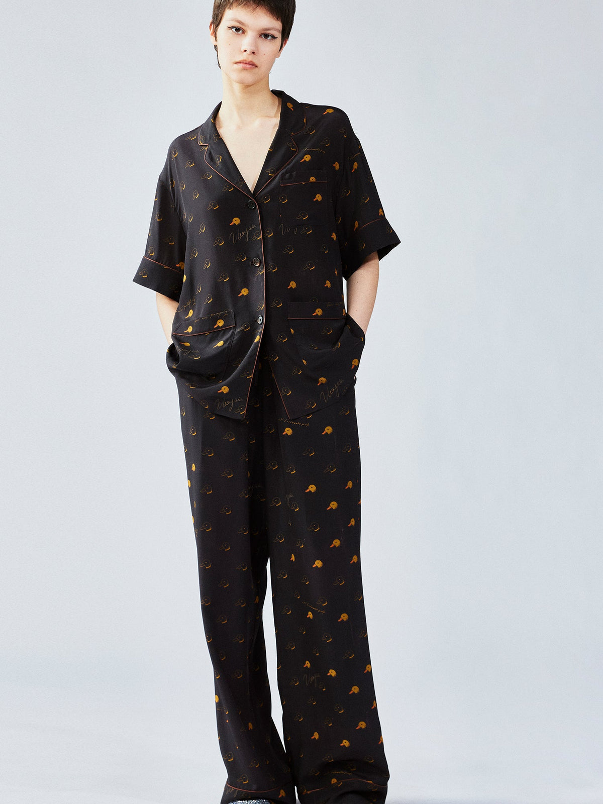 Silk hand-sketched yellow duck print pajama shirt