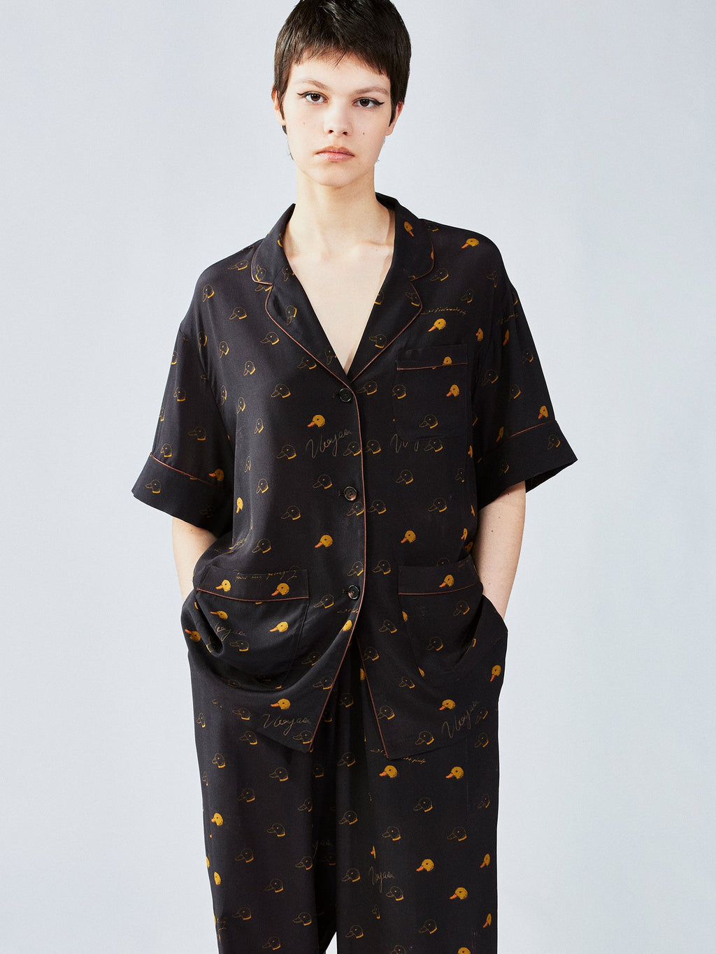 Silk hand-sketched yellow duck print pajama shirt
