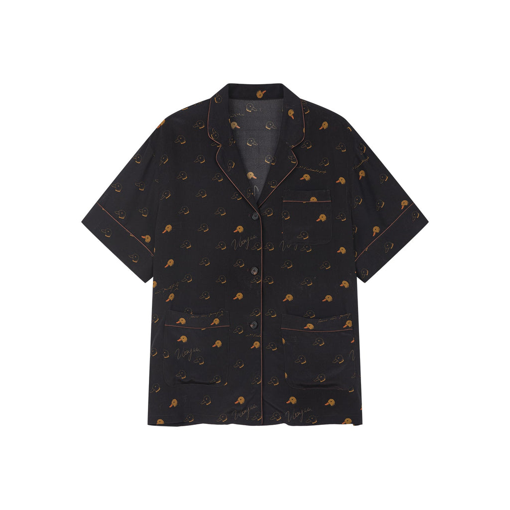 Silk hand-sketched yellow duck print pajama shirt