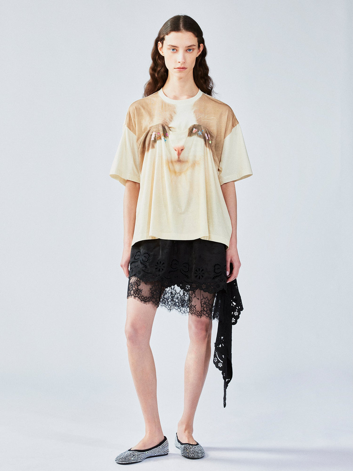 Cat print t-shirt with lifted hem
