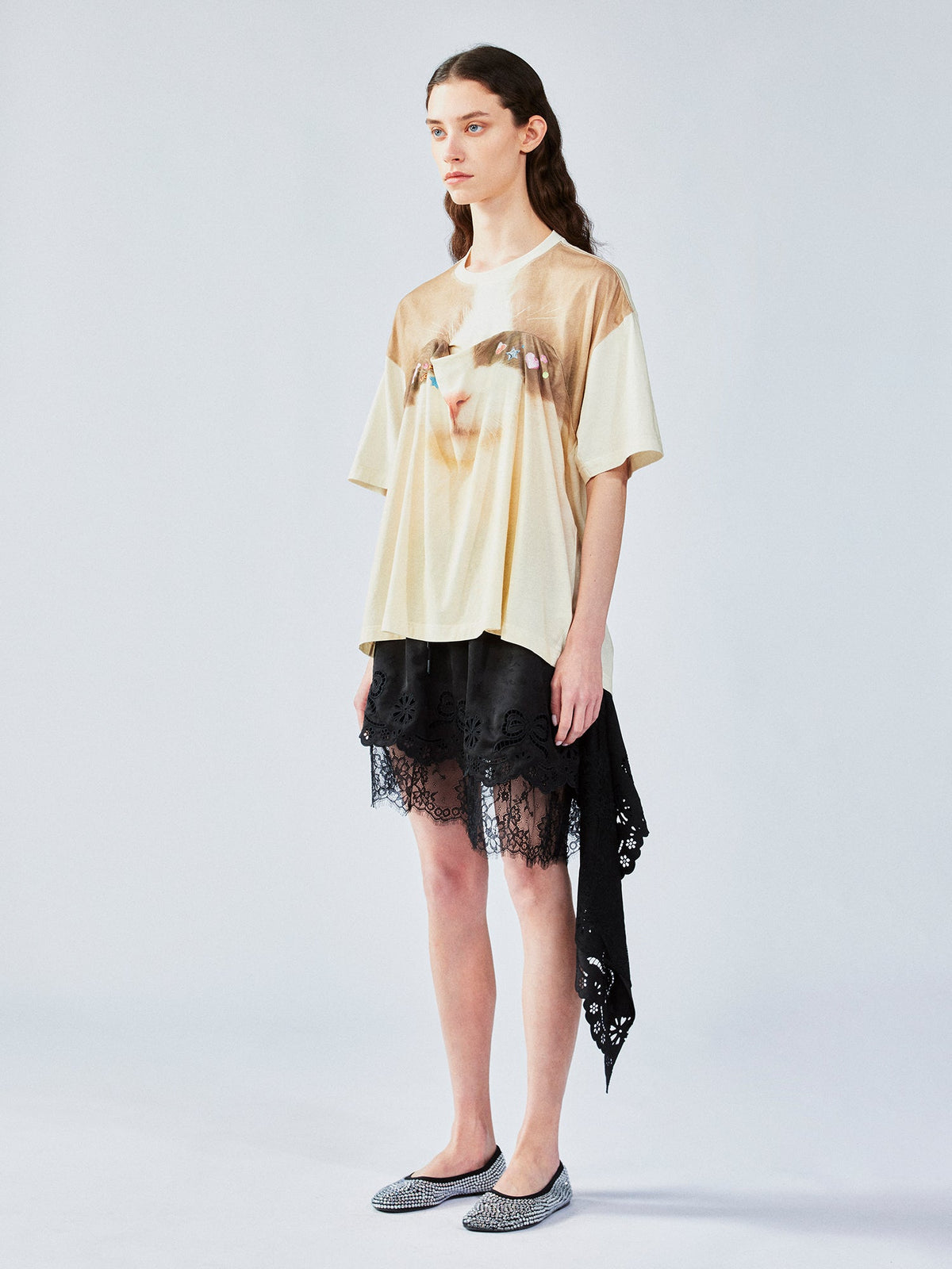 Cat print t-shirt with lifted hem
